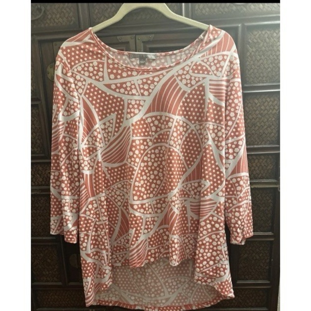 Valerie Stevens Peach Coral White Blouse Tunic Top Womens Boatneck Hi Low Size L
